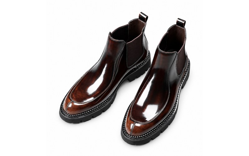 Premium Genuine Leather Chelsea Boots — Bordeaux Red, Hand-Polished Patina, Pull-On Elastic Side